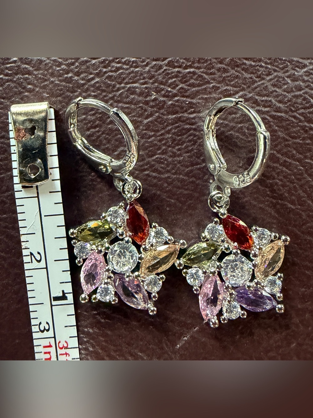 Multi-Stone Silver Drop Earrings - Colorful Floral Cluster - Picture 4 of 4